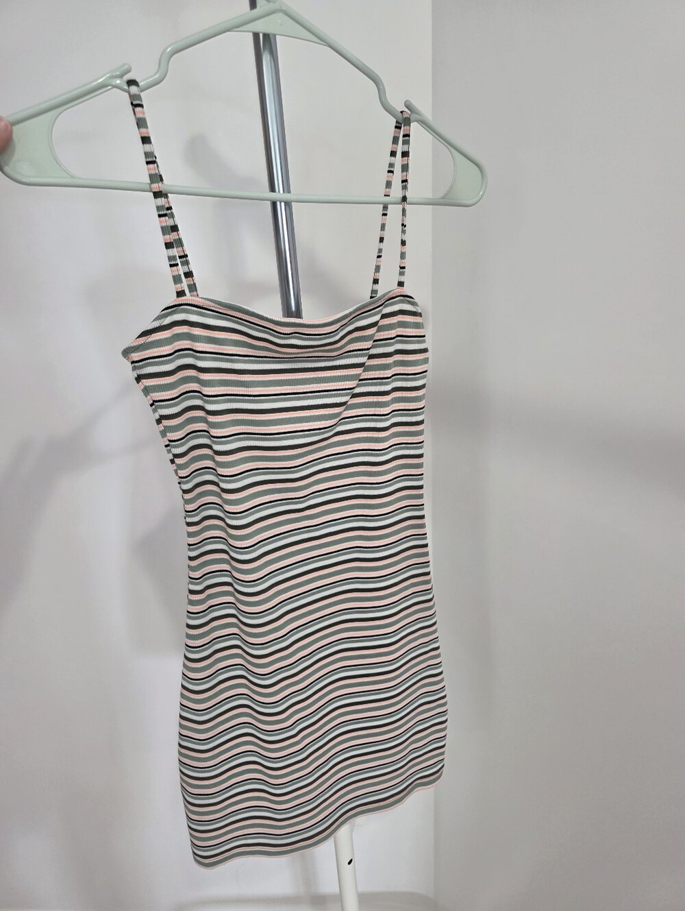H&M Striped Ribbed Mini Dress in Olive, Cream & Coral